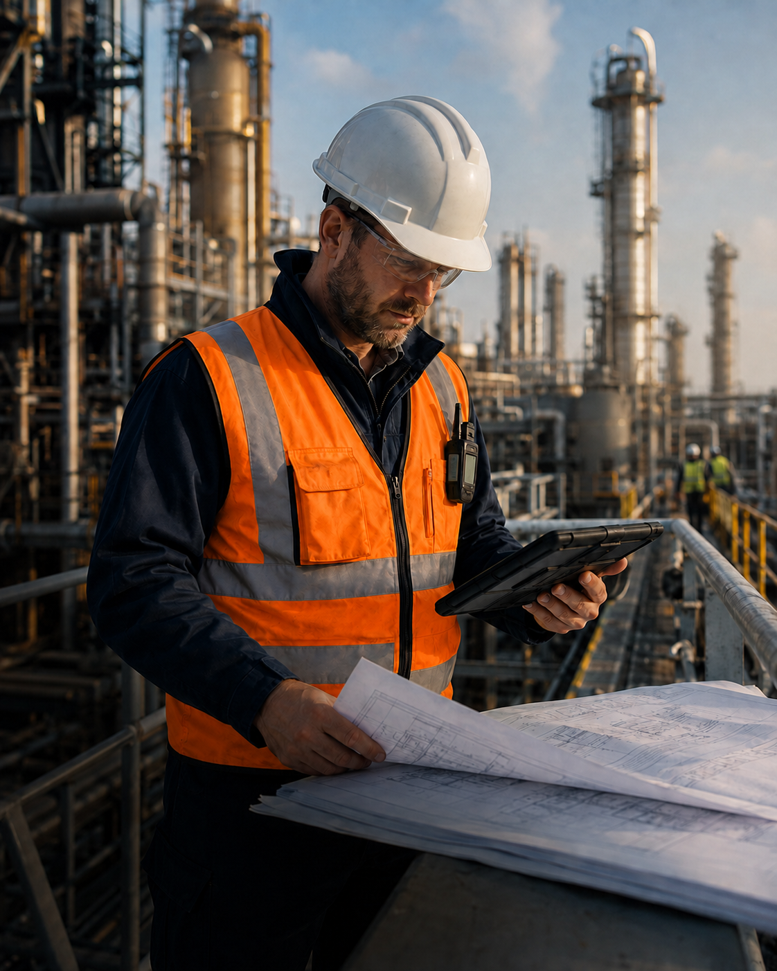 IES project manager reviewing plans on a tablet at a refinery.
