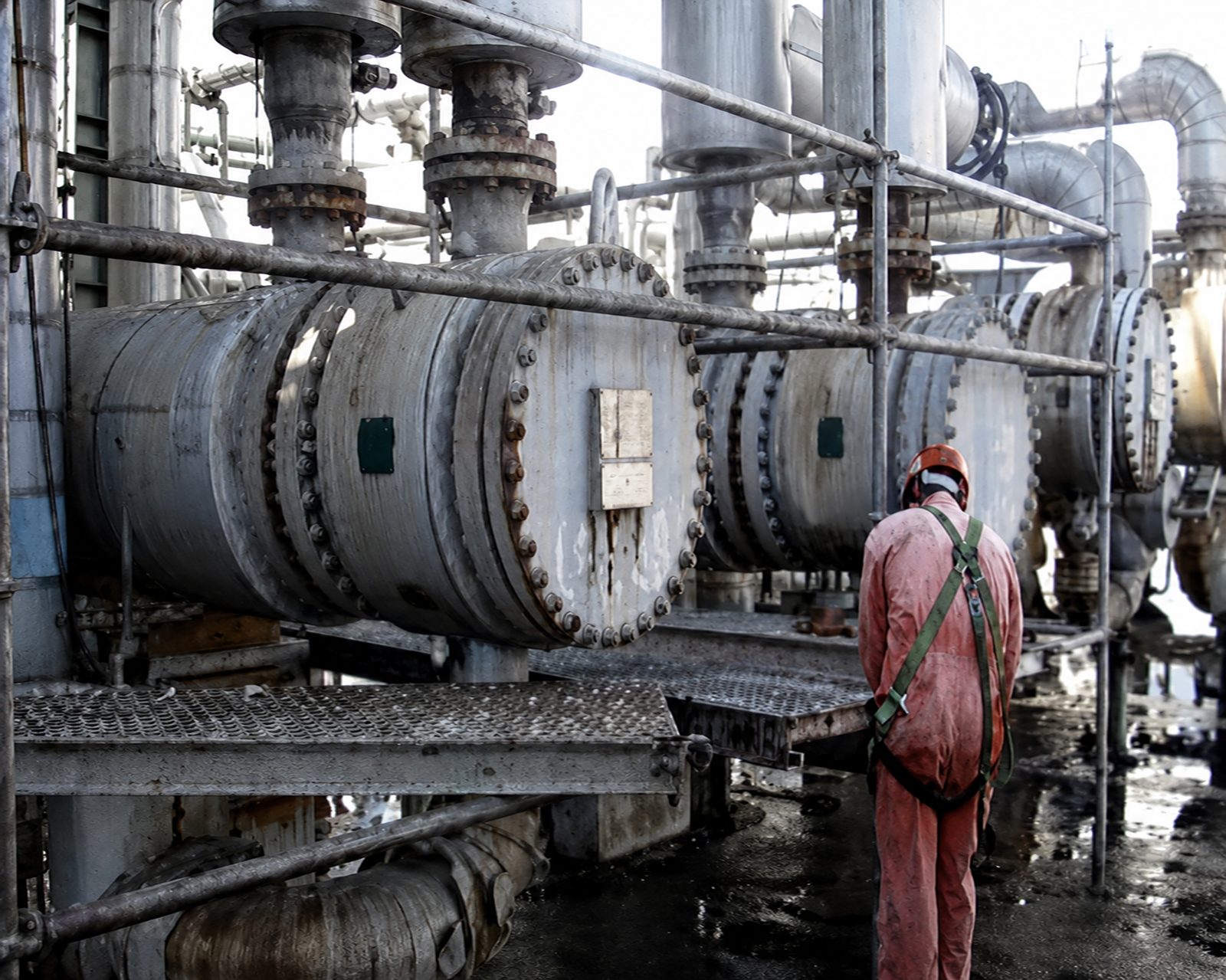 Exterior view of a large industrial heat exchanger flange.